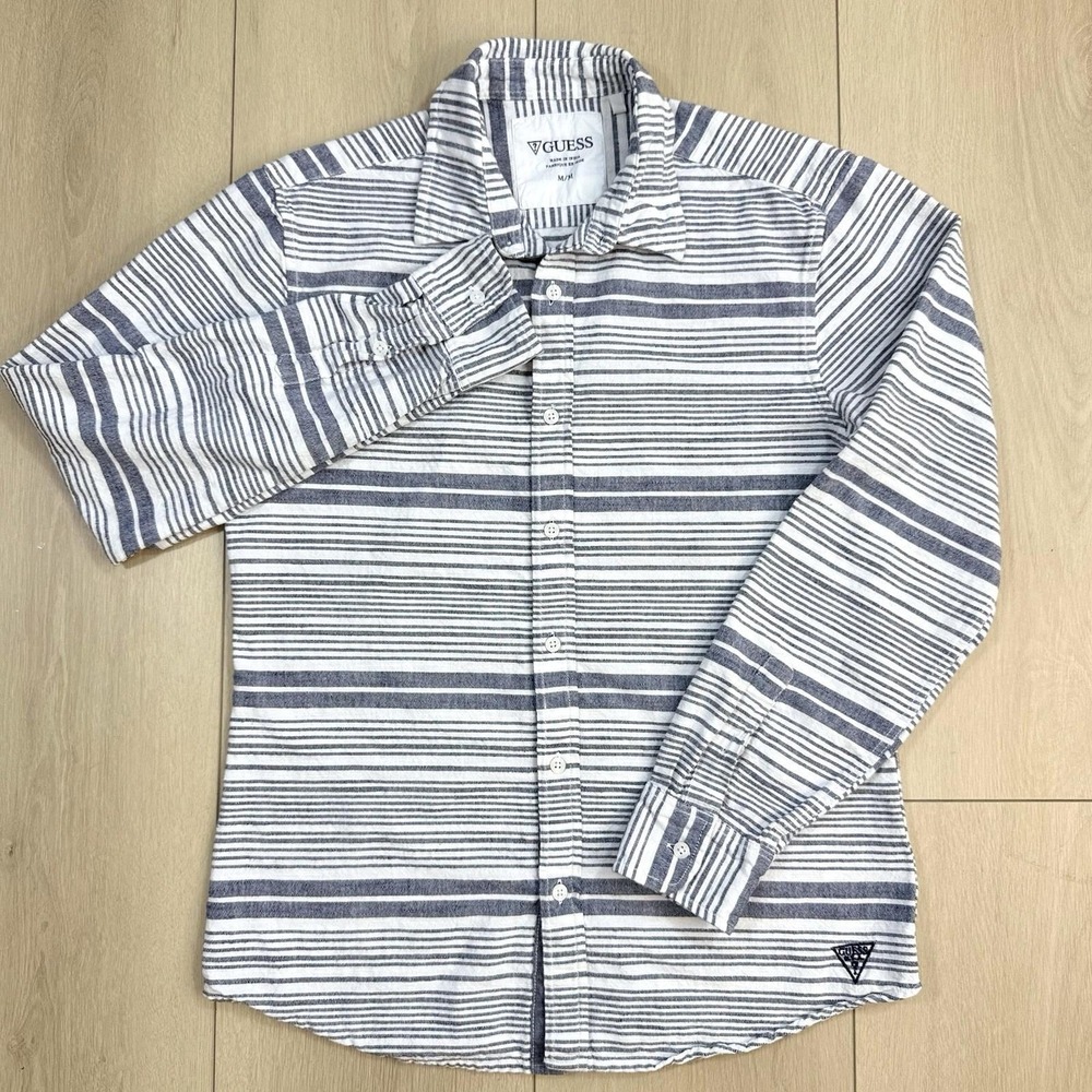 Guess‎ Men's Medium Gray White Striped Button Up Long Sleeve Cotton Shirt Casual